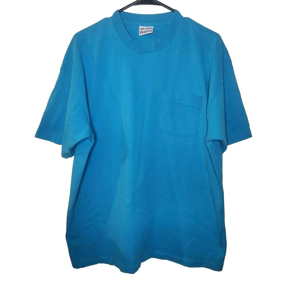 Vintage 90s Trend Basics Blank Pocket T-Shirt Single Stitch Men's 2XL Blue 0703